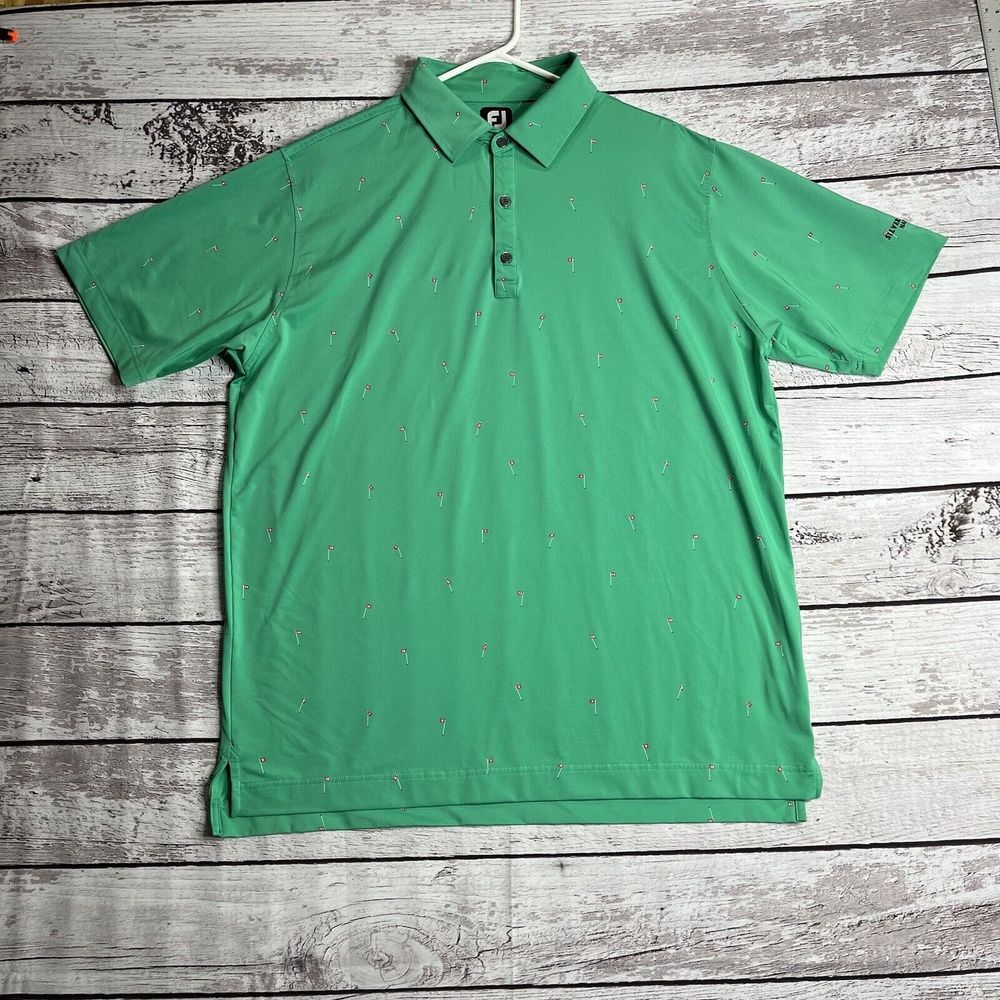 Footjoy Performance Poll Shirt XL 18 Holes Print Lisle Self Collar Sea‎ Green
